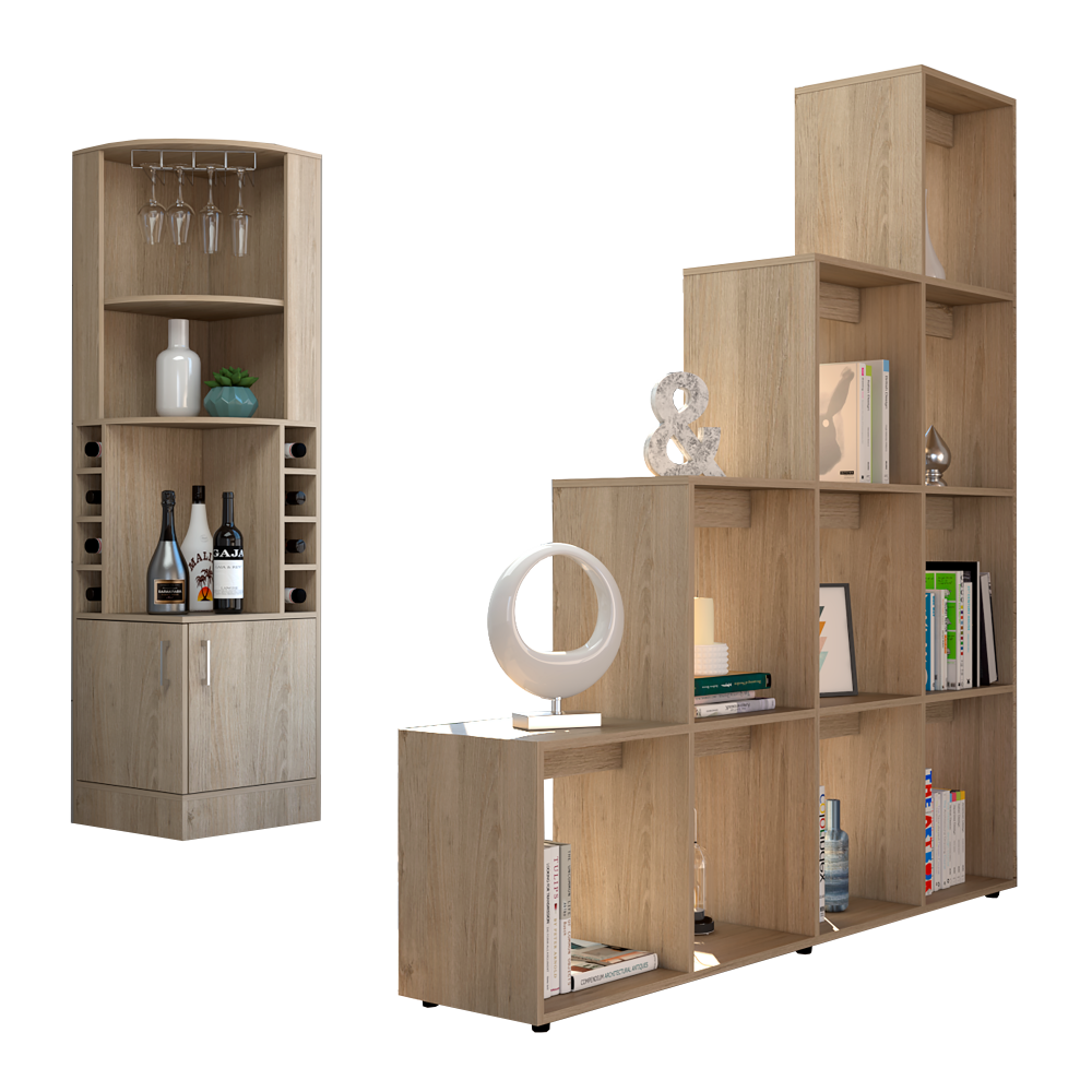 Bar Esquinero Kava + Biblioteca Escalera Color Rovere Para Sala De Estar